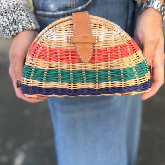 J. Crew Woven Half-Moon Straw Clutch in Tan, Coral, Teal, Navy - Picture 15 of 15